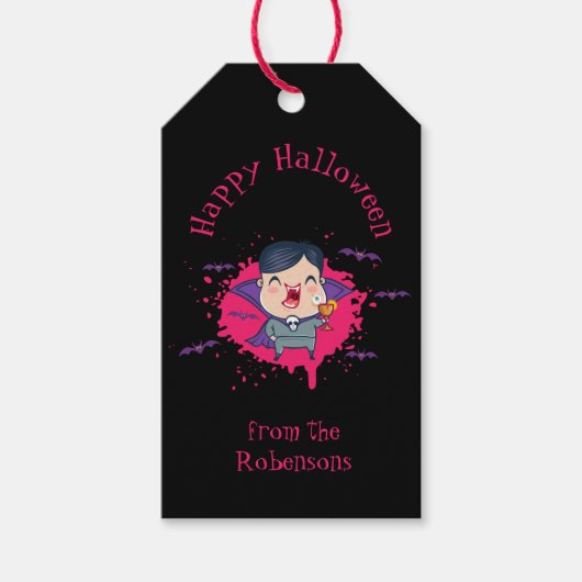 Étiquettes-cadeau Drapeau cadeau pour Halloween avec mignon vampire. (Devant)