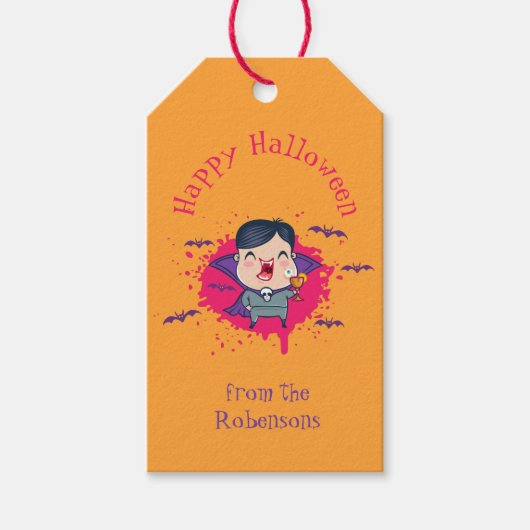 Étiquettes-cadeau Drapeau cadeau pour Halloween avec mignon vampire. (Devant)