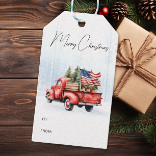 Étiquettes-cadeau Drapeau Vintage Noël Rouge Camion Patriotique USA