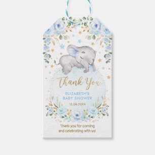 Étiquettes-cadeau Dreamy Baby Elephant Blue Gold Floral Moon Stars
