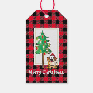Étiquettes-cadeau Drôle Buffalo Check Chien avec Santa Hat Noël