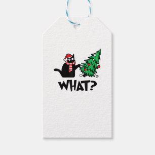 Étiquettes-cadeau Drôle cadeau de chat noir poussant l'arbre de Noël