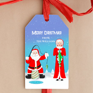 Étiquettes-cadeau Drôle de Noël Mme Claus bat Santa à la pêche