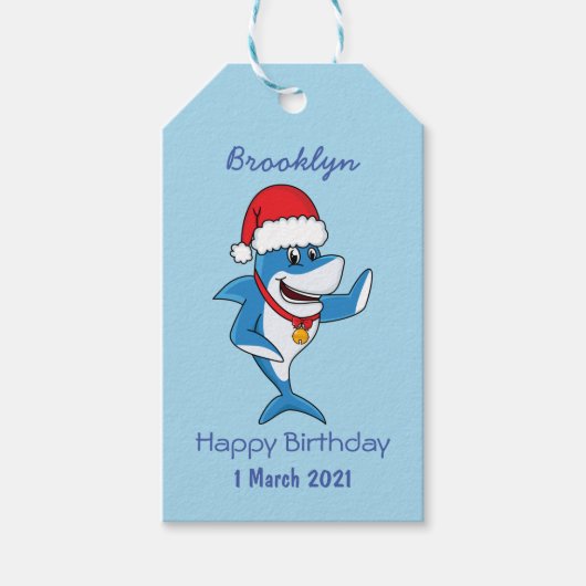 Étiquettes-cadeau Drôle dessin animé de requin de Noël (Devant)