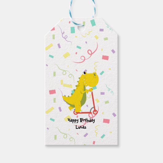 Étiquettes-cadeau Drôle dinosaure Scooter jouet anniversaire garçon (Devant)