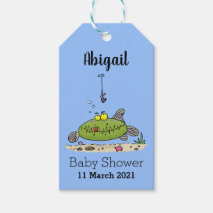 Étiquettes-cadeau Drôle gras affamé poisson vert dessin de pêche