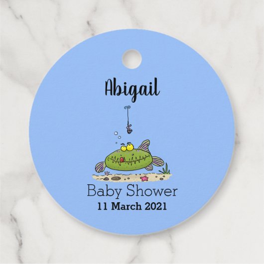 Étiquettes Cadeau Drôle gras affamé poisson vert dessin de pêche (Dos)