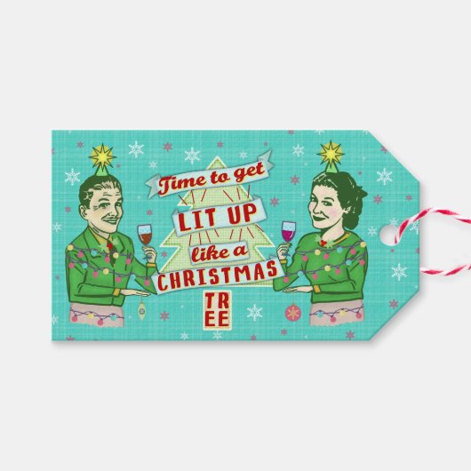 Étiquettes-cadeau Drôle Noël Rétro Boire Humour Couple Éclairé (Devant (Horizontal))
