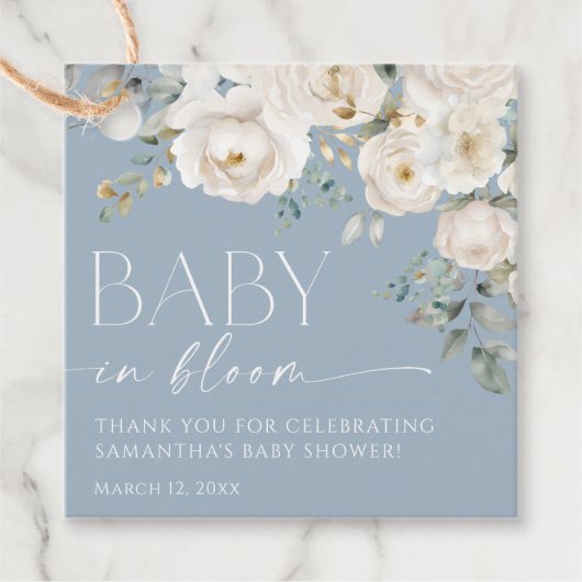 Étiquettes Cadeau Dusty bleu blanc fleuri bébé en fleurs garçon douc (Devant)