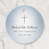 Étiquettes Cadeau Dusty Bleu Simple Croix Garçons Première Sainte Co (Devant)