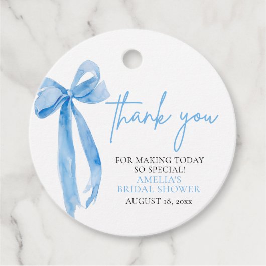 Étiquettes Cadeau Dusty Blue Bow Elle organise une fête de mariage S (Devant)