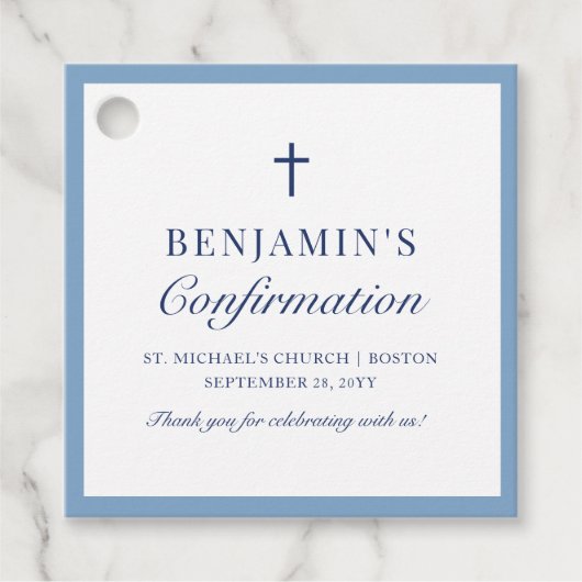 Étiquettes Cadeau Dusty Blue catholique Merci de confirmation (Devant)