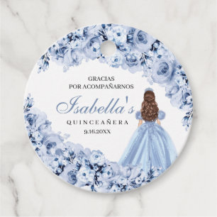 Étiquettes Cadeau Dusty Blue Floral Quinceanera Cercle Favoriser les