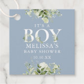 Étiquettes Cadeau Dusty Blue Greenery Floral Son Baby shower Garçon (Devant)