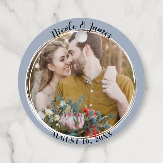Étiquettes Cadeau Dusty Blue Minimal Mariage photo ronde tendance (Dos)