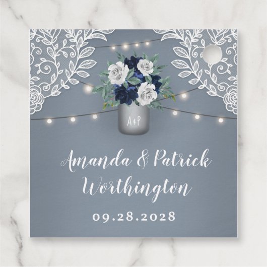 Étiquettes Cadeau Dusty Blue Pays Blanche dentelle Mason Jar Mariage (Dos)