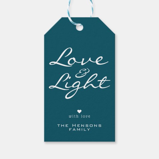 Étiquettes-cadeau Écriture d'amour et de lumière Bleu Nom vert Noël (Devant)