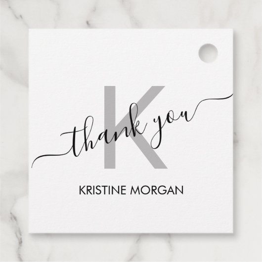 Étiquettes Cadeau Écriture monogramme gris Merci (Dos)