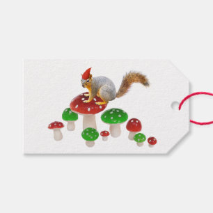 Étiquettes-cadeau Écureuil avec Champignons rouges et verts Tags cad
