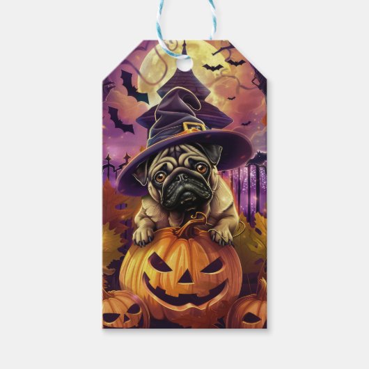 Étiquettes-cadeau Éffrayant Carlin Chien Halloween Sorcière Et Citro (Devant)