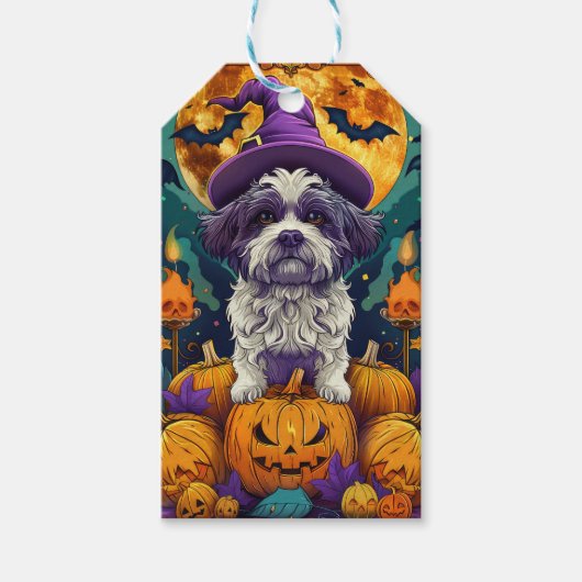 Étiquettes-cadeau Éffrayant Chih Tzu Chien Halloween sorcière et Cit (Devant)