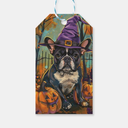 Étiquettes-cadeau Éffrayant Français Bulldog Halloween sorcière et C (Devant)