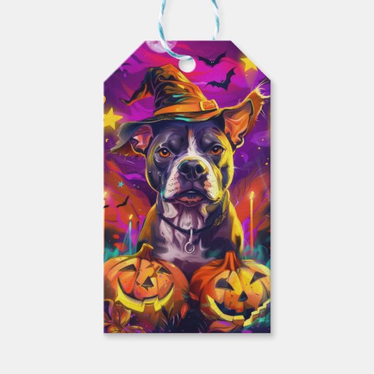 Étiquettes-cadeau Éffrayant Pitbull Chien Halloween sorcière et Citr (Devant)
