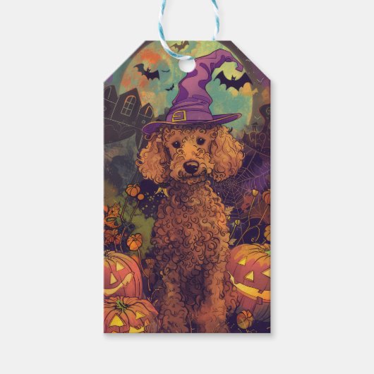 Étiquettes-cadeau Éffrayant Poodle Chien Halloween sorcière et Citro (Devant)