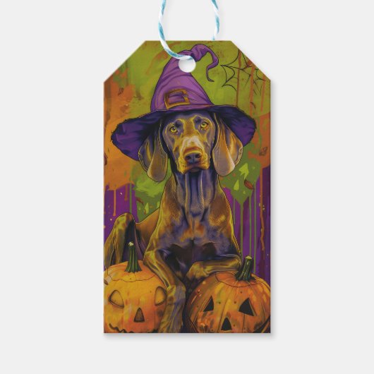 Étiquettes-cadeau Éffrayant Weimaraner Chien Halloween sorcière et C (Devant)
