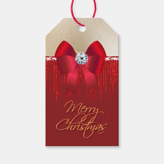 Étiquettes-cadeau Elégant arc en satin rouge sur Noël or (Devant)