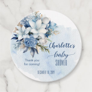 Étiquettes Cadeau Elégant Baby shower Floral d'hiver bleu