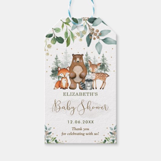 Étiquettes-cadeau Élégant Baby shower forestier Animaux de forêt Fav (Devant)
