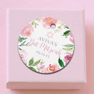 Étiquettes Cadeau Élégant Bat mitzvah Personnalisé Pink Floral Party