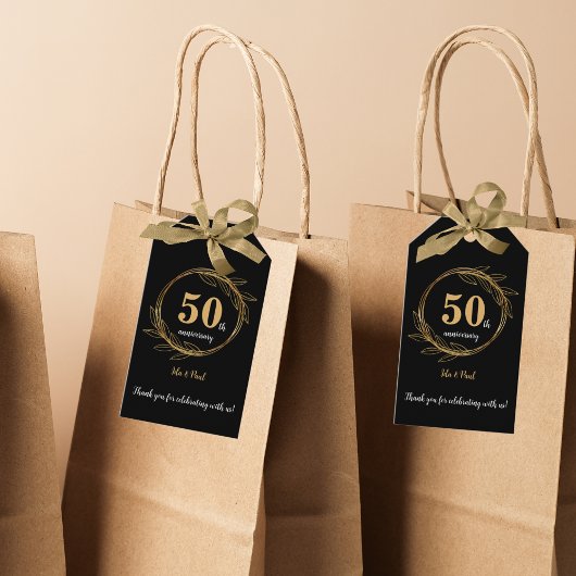 Étiquettes-cadeau Elégant Black Gold Leaf 50e anniversaire Mariage