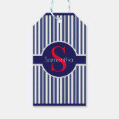Étiquettes-cadeau Élégant bleu marine rouge rayé monogramme initial (Devant)