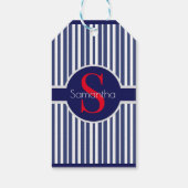 Étiquettes-cadeau Élégant bleu marine rouge rayé monogramme initial (Dos)
