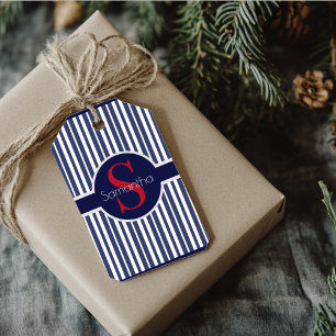 Étiquettes-cadeau Élégant bleu marine rouge rayé monogramme initial