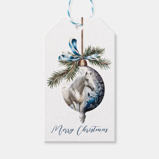 Étiquettes-cadeau Élégant bleu Noël blanc cheval équestre (Devant)