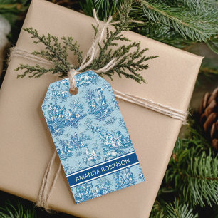 Étiquettes-cadeau Elégant bleu vintage turquoise toile de jouy