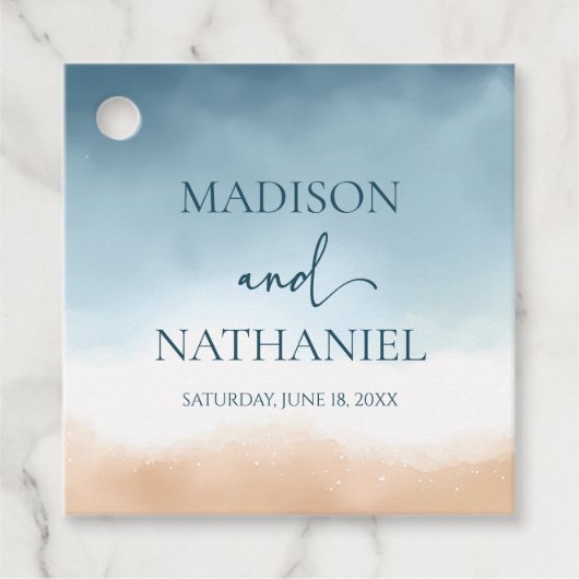 Étiquettes Cadeau Elégant Blue Ocean Beach Mariage de sable (Devant)