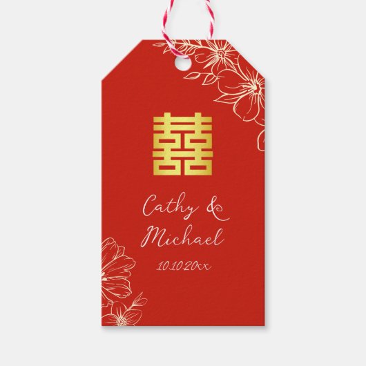 Étiquettes-cadeau Élégant chinois moderne script floral mariage roug (Devant)