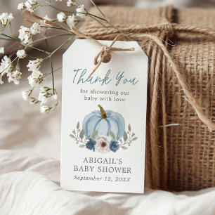 Étiquettes-cadeau Elégant Citrouille Aquarelle Baby shower Bleu Favo