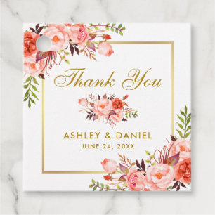 Étiquettes Cadeau Élégant Coral Floral Mariage or Merci
