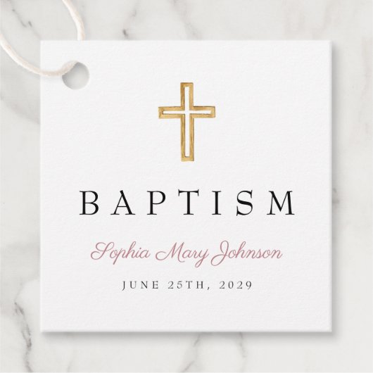Étiquettes Cadeau Élégant croix religieuse Script rose Baptême (Devant)
