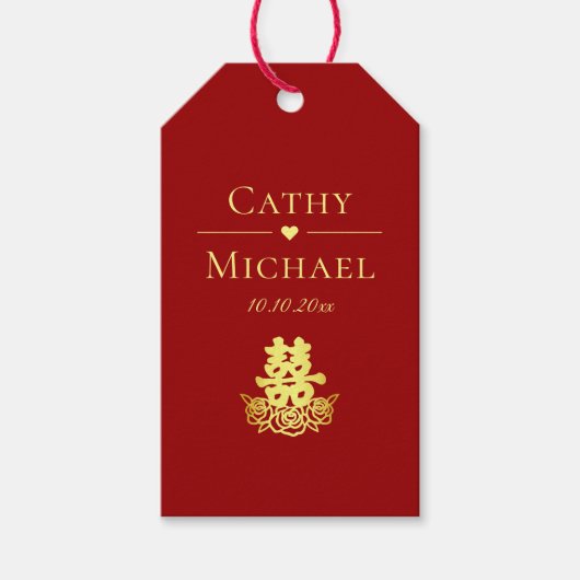 Étiquettes-cadeau Élégant double bonheur rose chinois mariage rouge (Devant)