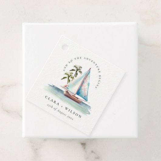 Étiquettes Cadeau Elégant Dusky Turquoise Sailboat Palm Mariage mari (En situation)