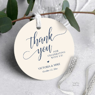 Étiquettes Cadeau Élégant écriture bleu marine mariage faveur Merci