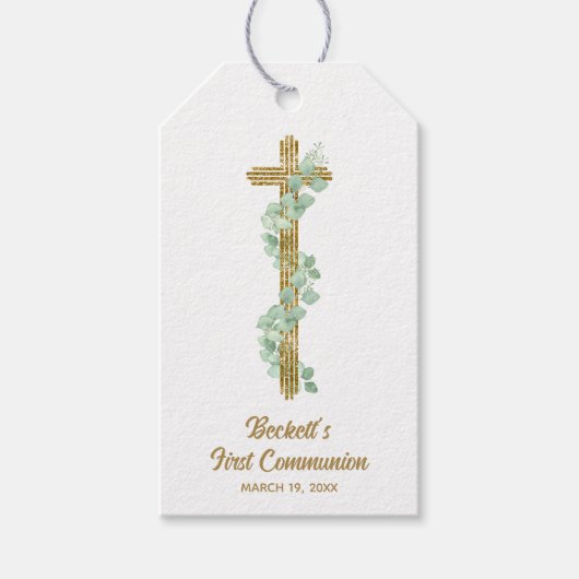 Étiquettes-cadeau Elegant Eucalyptus and Cross First Communion (Devant)