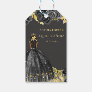 Étiquettes-cadeau Élégant Fleur de Princesse Quinceanera Noir Or