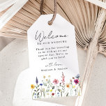 Étiquettes-cadeau Elégant Fleur sauvage Meadow Mariage Bienvenue<br><div class="desc">Élégante marque-cadeau de bienvenue à la mariage florale avec une bordure inférieure de fleurs sauvages d'aquarelle et de feuillage dans les tons rose, jaune, violet, bleu et vert sur un arrière - plan blanc. Personnalisez les balises fleurs sauvages avec un message d'accueil court, vos noms ou du texte personnalisé. Les...</div>